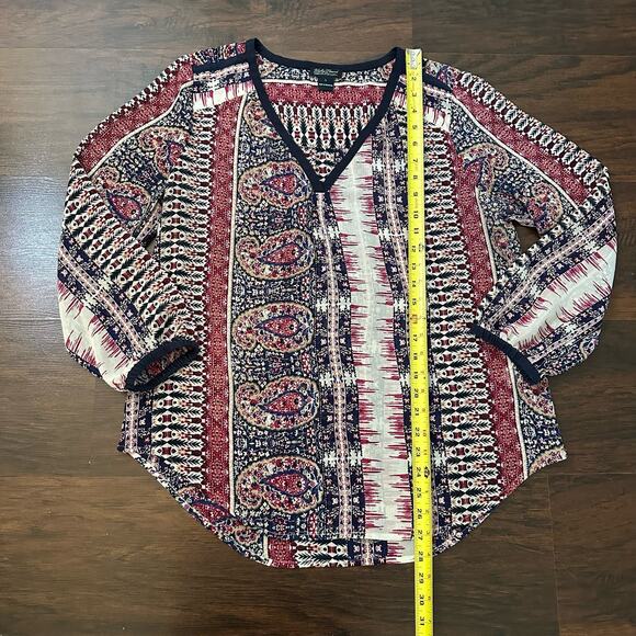 Lucky Brand cream, maroon & navy print long sleeve sheer top size L - Picture 8 of 10